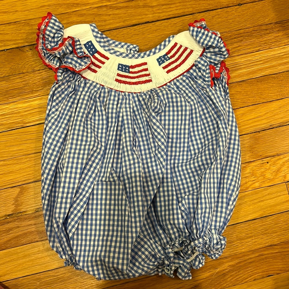 American flag smocked bubble, blue gingham 3 months USA